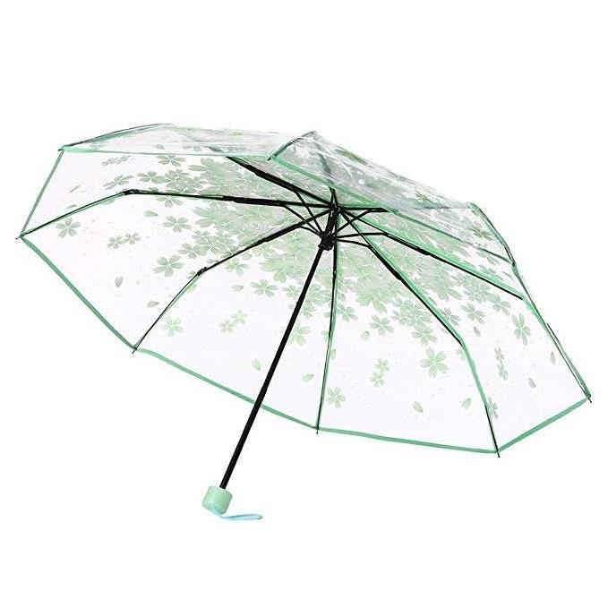 Ladies 3 Folding Transparent Umbrella Parasol Pink Flowers Pattern Umbrella