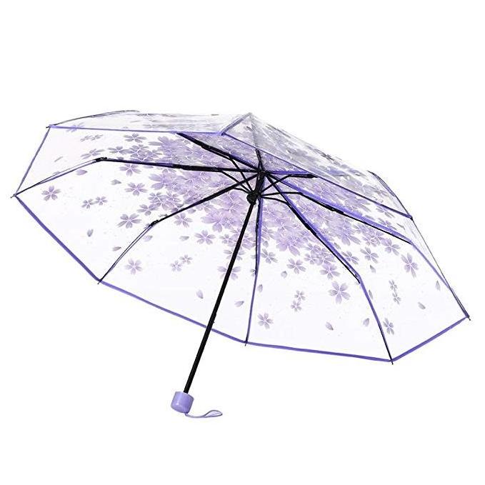 Ladies 3 Folding Transparent Umbrella Parasol Pink Flowers Pattern Umbrella