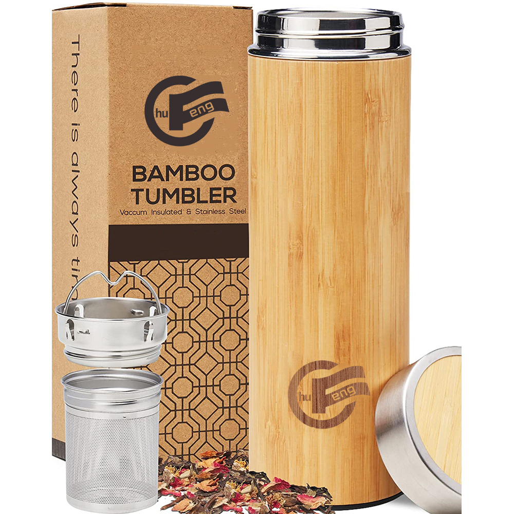 Eco Friendly water bottle Bamboo Wood sleeve Stainless Steel Vacuum Insulation Thermal Flask with Tea Infuser