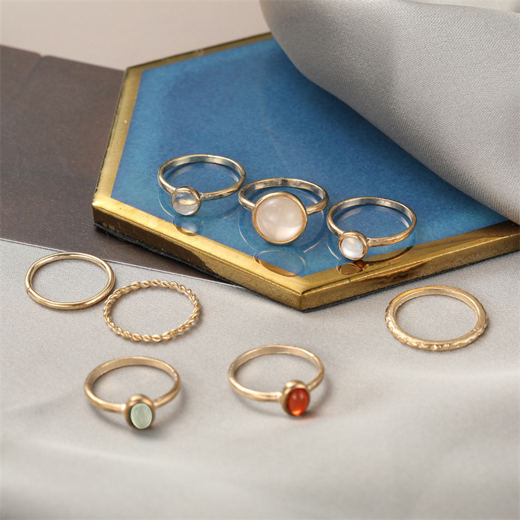 Hot Selling Bohemian Vintage 7pcs/Sets Gold Silver Plated Oval Stone Knuckle Rings for Women