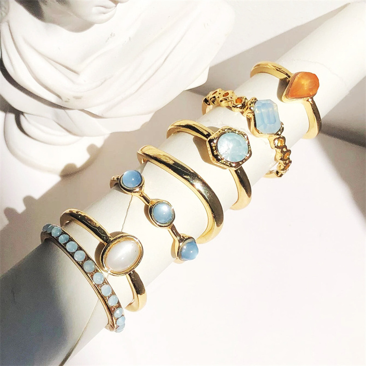 Hot Selling Bohemian Vintage 7pcs/Sets Gold Silver Plated Oval Stone Knuckle Rings for Women