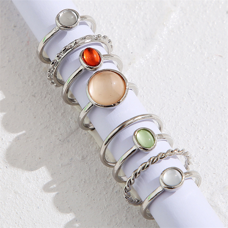 Hot Selling Bohemian Vintage 7pcs/Sets Gold Silver Plated Oval Stone Knuckle Rings for Women