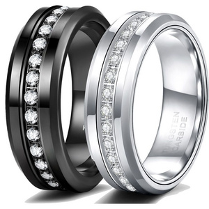 Fashion Luxury Jewelry 8mm Tungsten Steel Black Silver Plated Moissanite Full Diamonds Rings For Couple