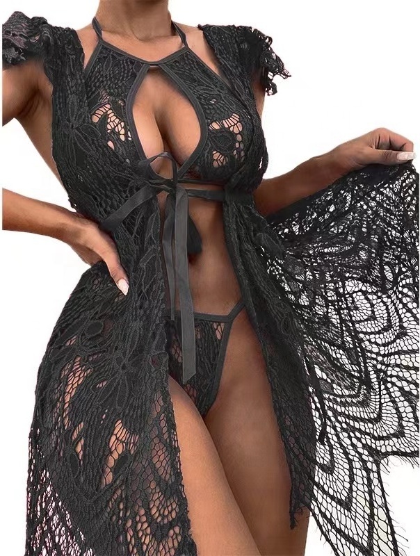 Women Sexy Lace Long Gown Bathrobe Sexy Mesh Sleepwear Women Robe Lingerie