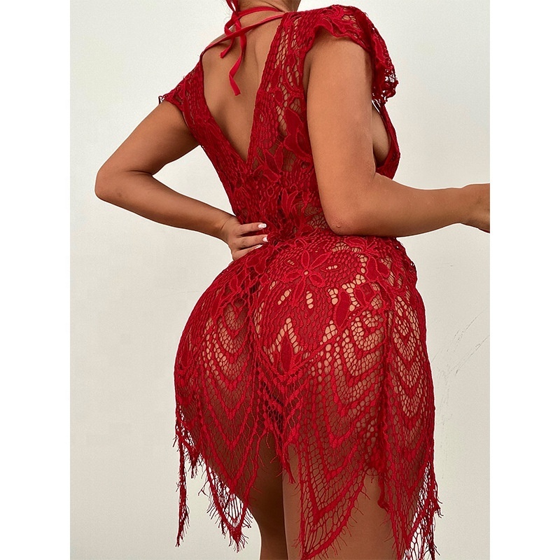 Women Sexy Lace Long Gown Bathrobe Sexy Mesh Sleepwear Women Robe Lingerie