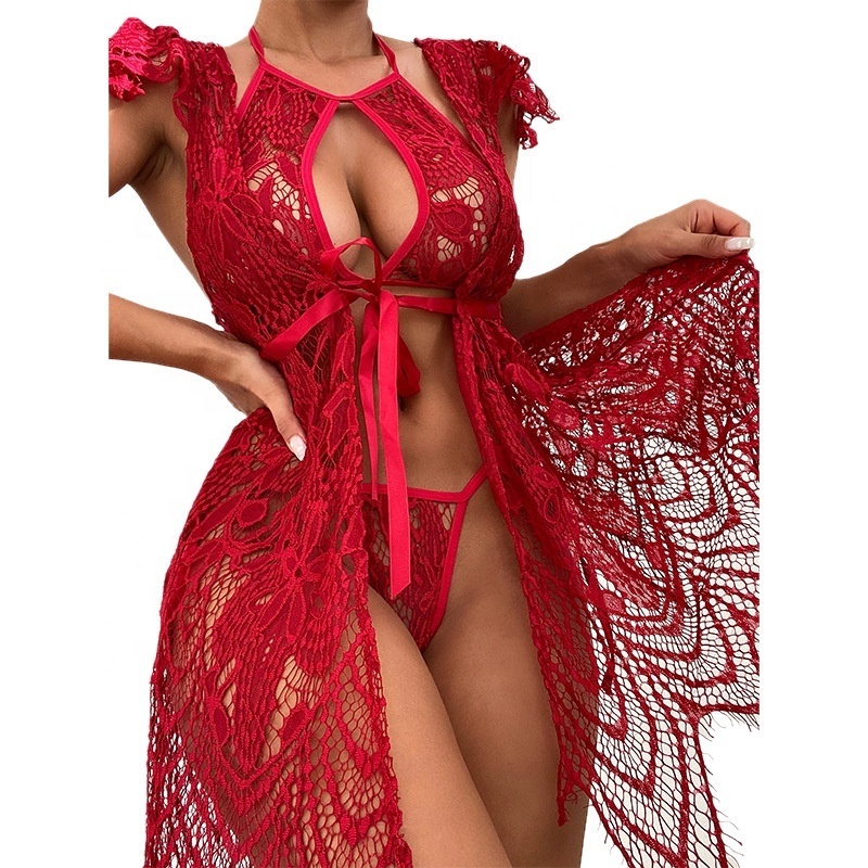 Women Sexy Lace Long Gown Bathrobe Sexy Mesh Sleepwear Women Robe Lingerie