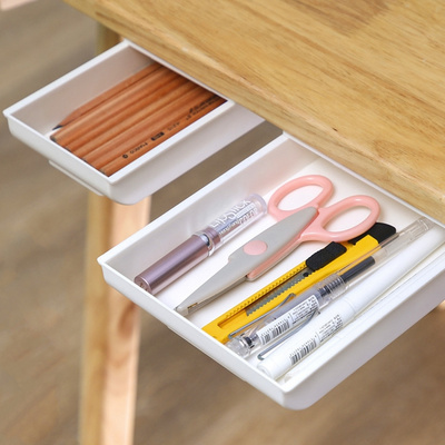 Self Stick Pencil Tray Under Desk Drawer Storage Box Self-Adhesive Hidden Stationery Organizer Detachable Desk Drawer