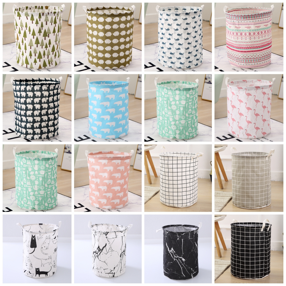 Folding Laundry Basket Cartoon Round Storage Hamper Large Capacity Collapsible Clothes Toy Basket Bucket Waterproof Organizer