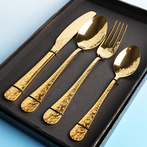 New Stainless Steel Vintage Carved Western Steak Knife Fork And Spoon Restaurant Tableware Gold Wedding Flatware Sets