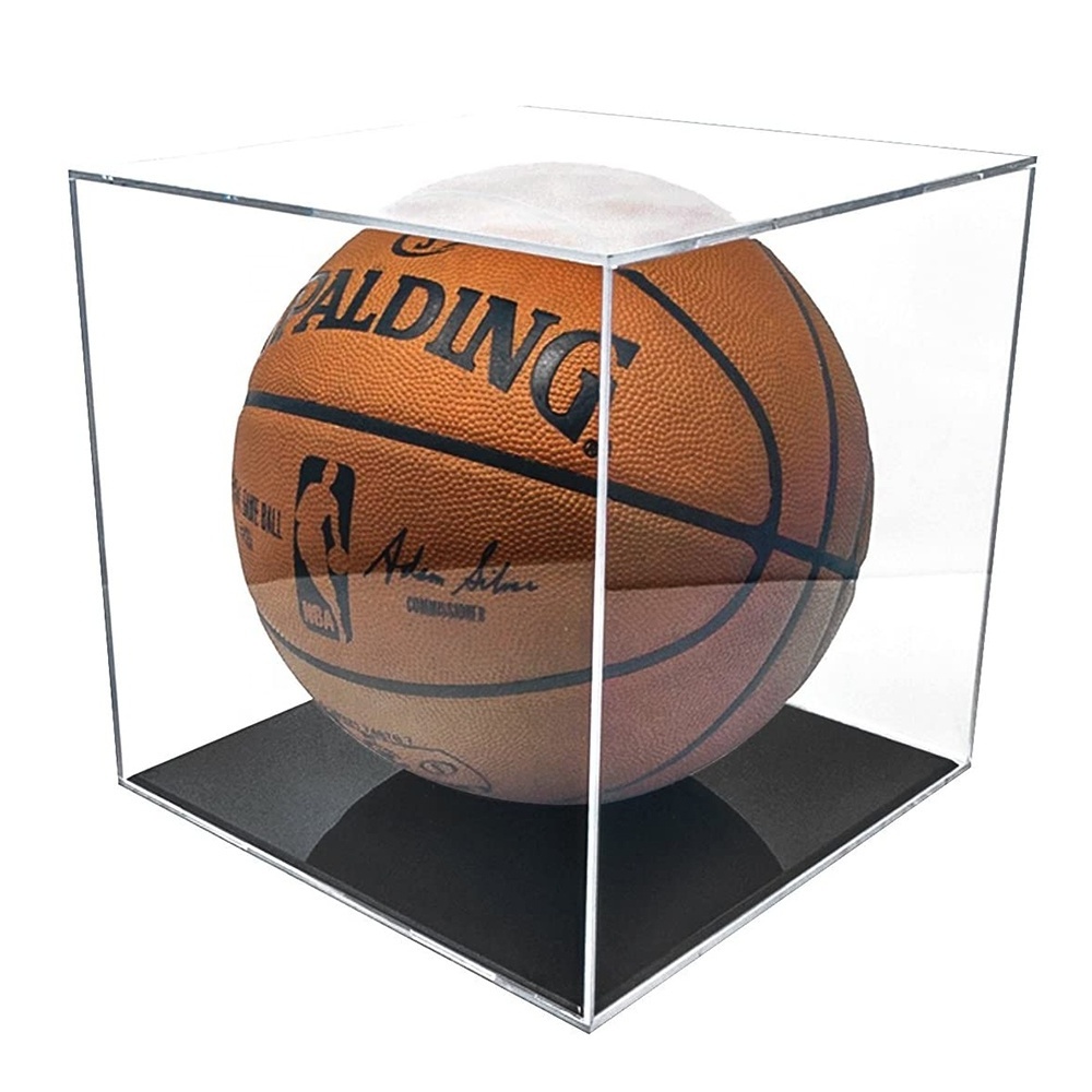 Custom Cube Clear Cover Black Base Pmma Plexiglass Acrylic Soccer Rugby Ball Basketball Display Stand Box Football Display Case