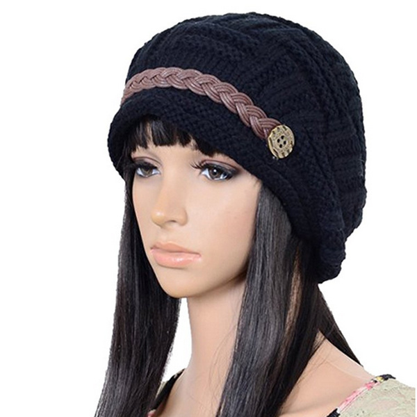 Women's Winter Fashion Oversized Crochet Cable Braided Knit Visor Beanie Hat