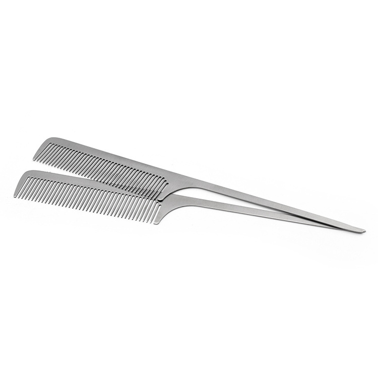 Laser Engraving LOGO Barber Hairdressing Salon Metal Comb Stainless Steel Silver Rat Tail Comb Braiding Combs