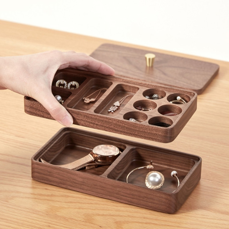 Wholesale Custom Black Walnut Jewelry Case Natural Wooden Ring Necklace Storage Box With Double Layer