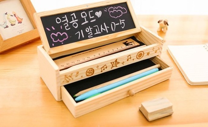 Korean students pure wooden stationery box double layer with blackboard pencil box storage box,wooden pencil case for gift