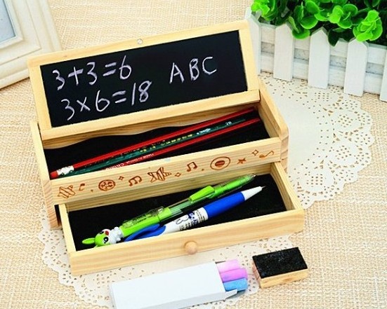 Korean students pure wooden stationery box double layer with blackboard pencil box storage box,wooden pencil case for gift