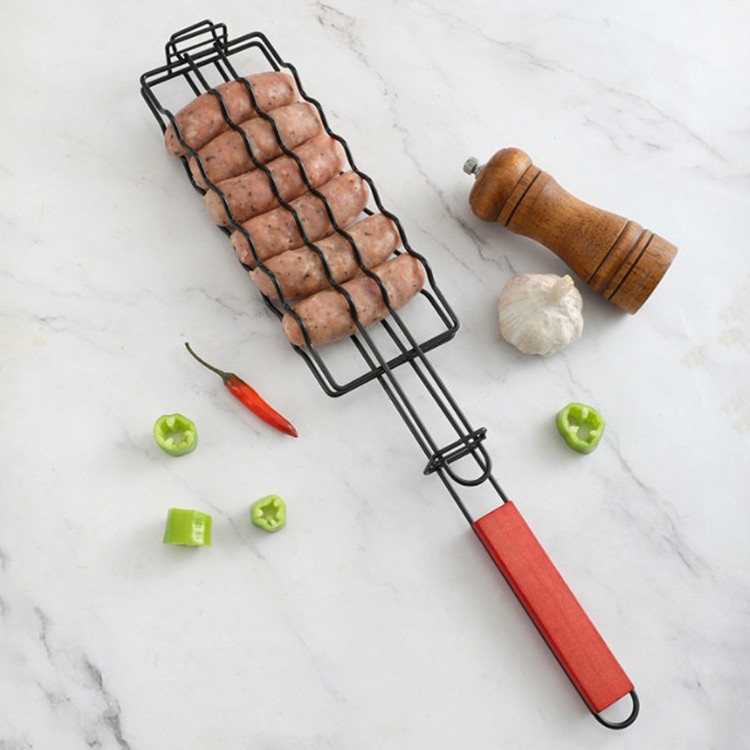 Folding Portable Wood Handle BBQ Grill Basket Stainless Steel Barbecue Grill Mesh Clip Holder for 6 Hot Dogs