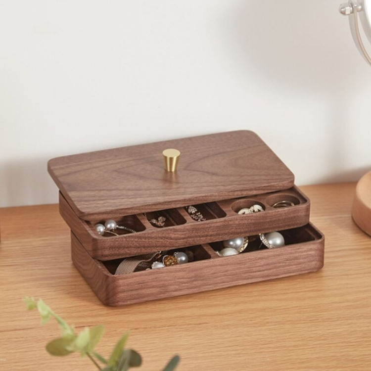 Wholesale Custom Black Walnut Jewelry Case Natural Wooden Ring Necklace Storage Box With Double Layer