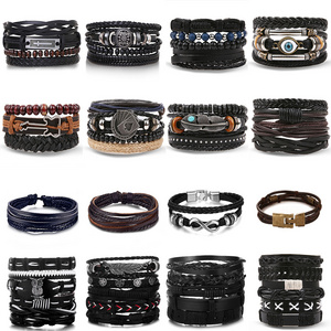 DAIHE Wholesale Tribal Wood Beads Ethnic Adjustable Woven Cuff Wrap Braided Real Leather Bracelets for Men