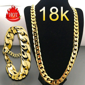 Fashion Hiphop Mens 18k Gold Plated Stainless Steel  Cuban Link Chain Necklace For Men