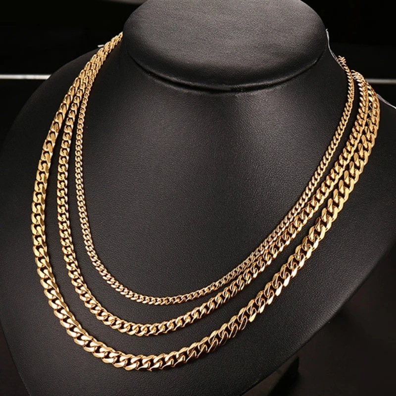 Fashion Hiphop Mens 18k Gold Plated Stainless Steel  Cuban Link Chain Necklace For Men