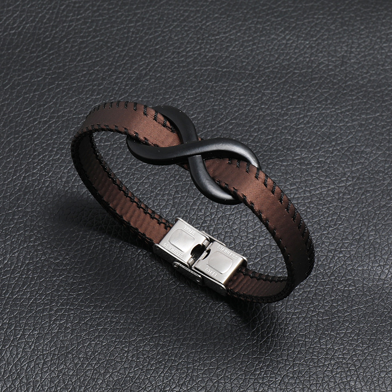 Fashion 2023 New Fashion 8 Character Unlimited Symbol Leather Bracelet For Men Simple Stainless Steel Bangle Jewelry