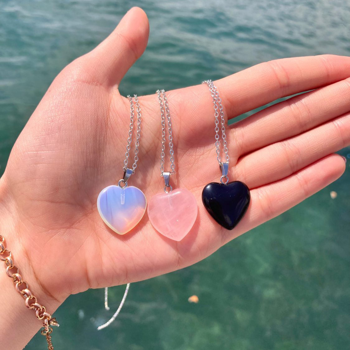 DAIHE New Arrival Stainless Steel Chain Luminous Heart Necklace Colorful Natural Stone Pendant Necklace For Women Girl