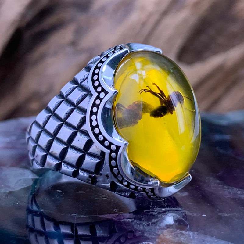 DAIHE 2024 New Men's Ring Large Oval Natural Agate Stone Retro Trend Inlaid Yellow Zircon Ant Ring