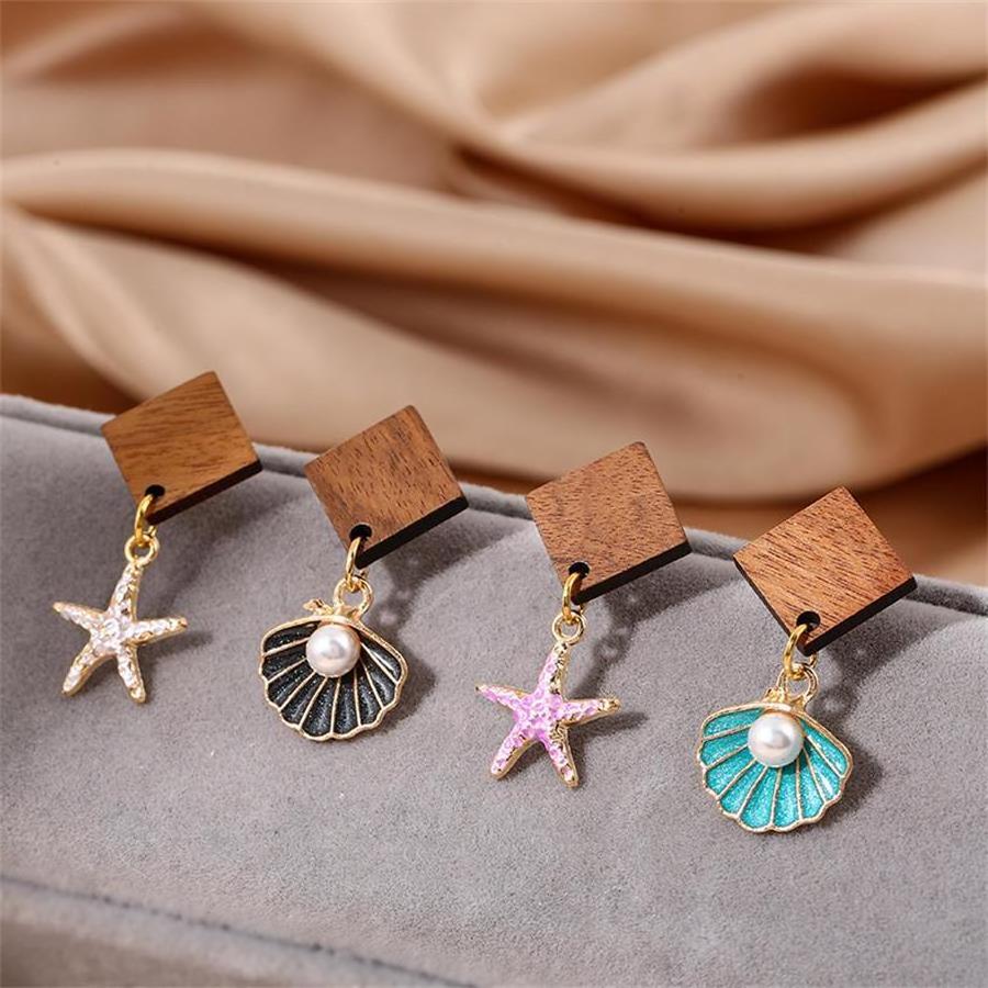 DAIHE 2024 Summer Fashion Jewelry Bohemian Beach Style Cute Starfish Pearl Shells Wooden Earrings