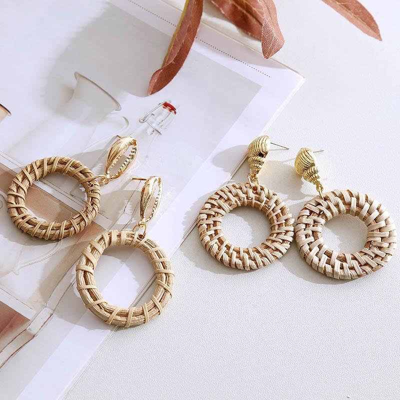 Boho Ins Style Handmade Wooden Earrings Female Bamboo Rattan Retro Summer Earrings