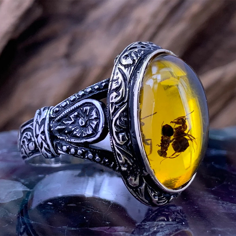 DAIHE 2024 New Men's Ring Large Oval Natural Agate Stone Retro Trend Inlaid Yellow Zircon Ant Ring