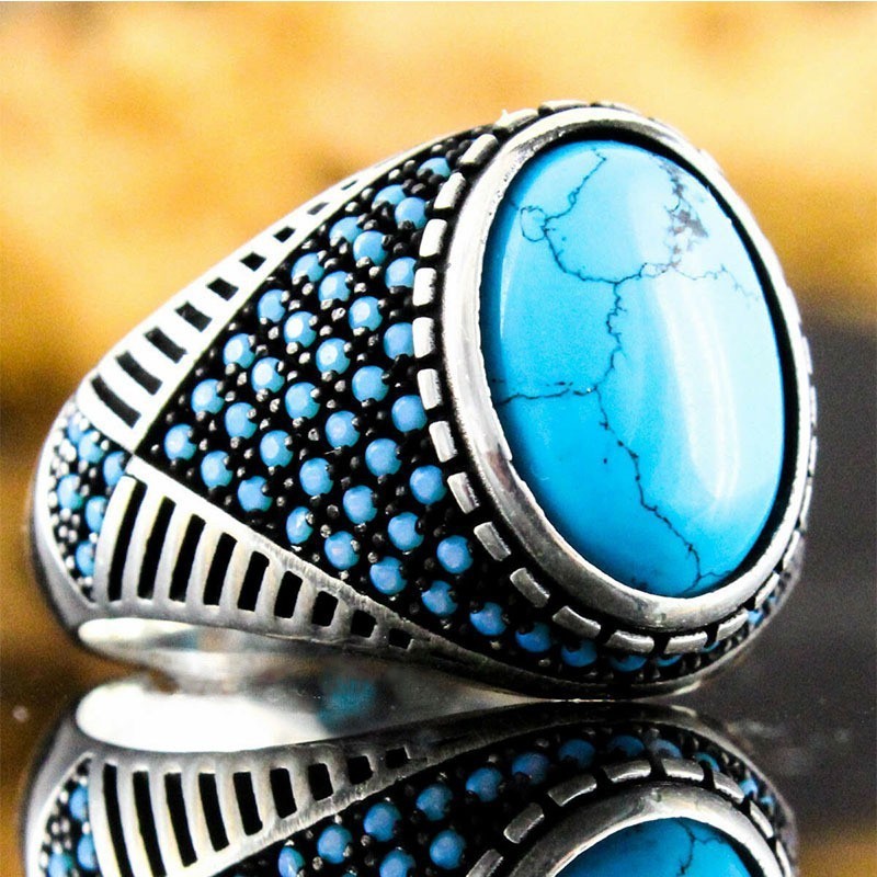 DAIHE Luxury S925 Plated Silver Middle East Muslim Islamic Turquoise Ring For Men