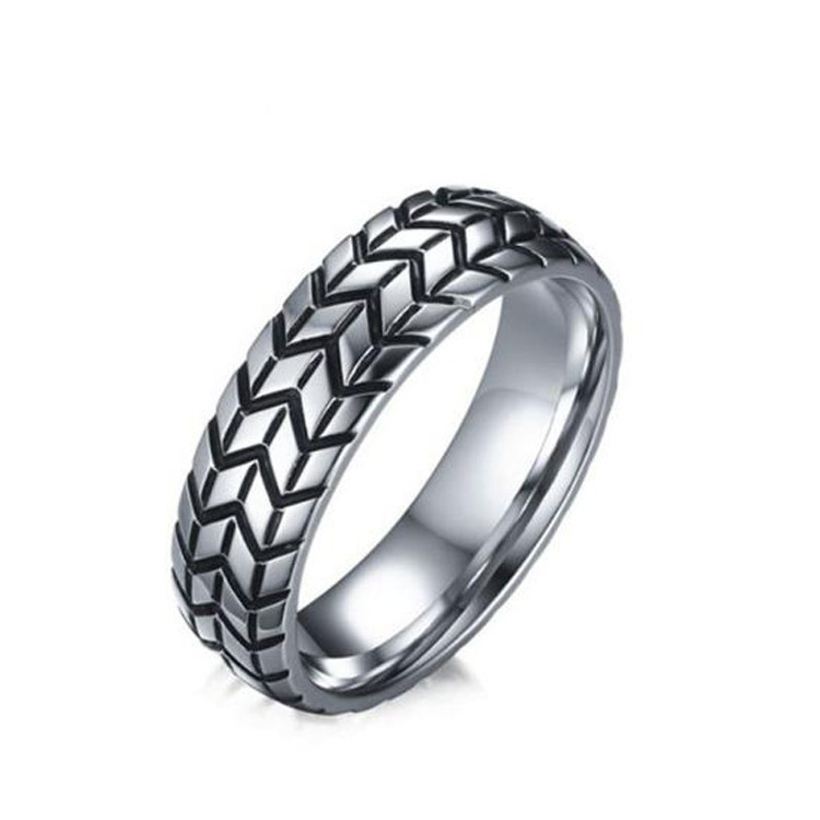 DAIHE Punk Gold Silver Stainless Steel Ring Cool Motorcycle Tire Rings For Men Geometric Striped Ring