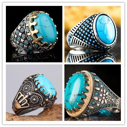 DAIHE Luxury S925 Plated Silver Middle East Muslim Islamic Turquoise Ring For Men