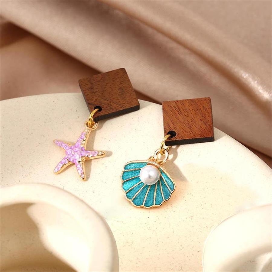 DAIHE 2024 Summer Fashion Jewelry Bohemian Beach Style Cute Starfish Pearl Shells Wooden Earrings