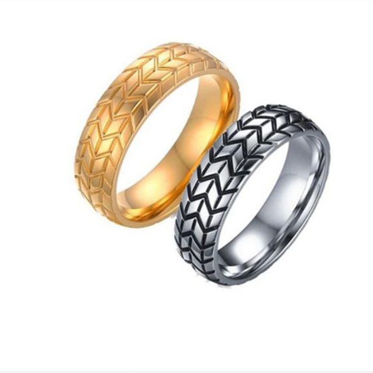 DAIHE Punk Gold Silver Stainless Steel Ring Cool Motorcycle Tire Rings For Men Geometric Striped Ring