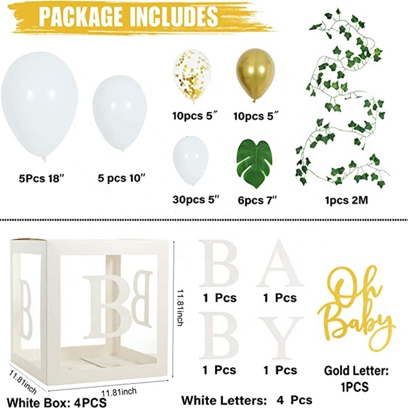 DAMAI Gender Reveal Theme Party Balloon Arch with Leaves Garland Transparent Baby Shower White Box Gold Glitter Letter Supplies