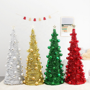 Hot Sale artificial folding PET tinsel Christmas tree with plastic ball 150cm tree for Christmas decoration