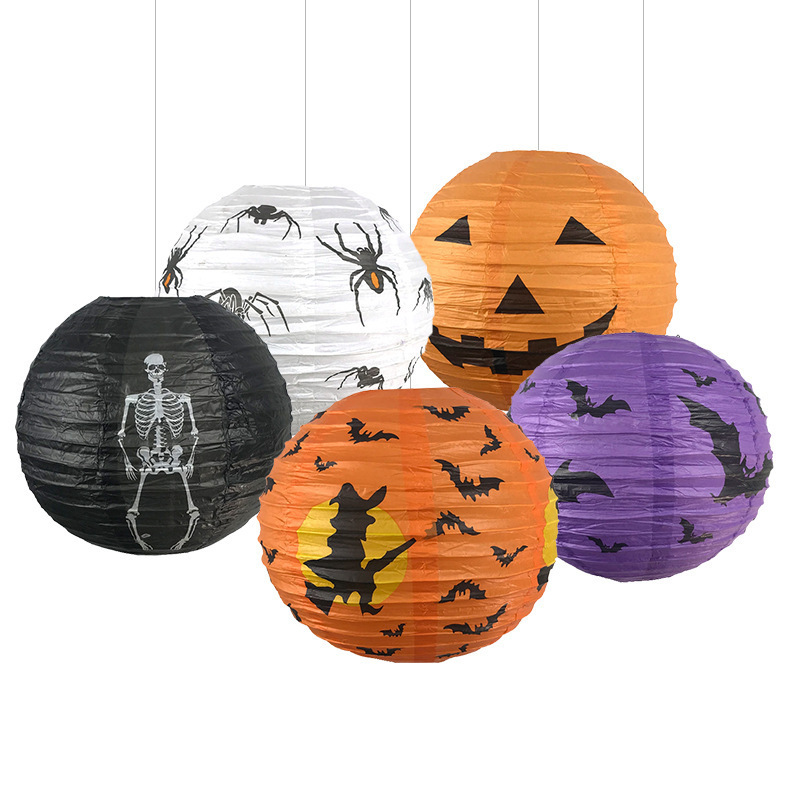 DAMAI Happy Halloween Orange Pumpkin Horrible Skeleton Black Bat Spider Switch Paper Halloween Lanterns  Halloween Decorations