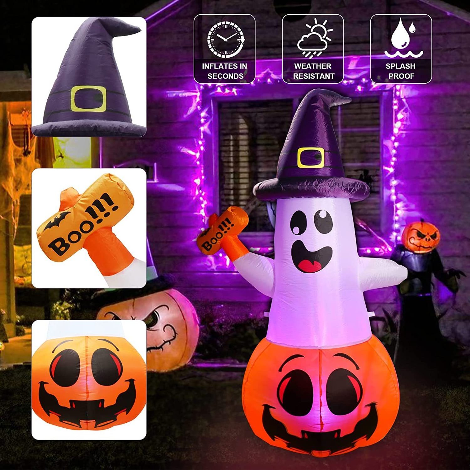 OurWarm LED Light Waterproof 5FT Pumpkin Ghost Halloween party supplies Yard Outdoor Inflatables Decoration