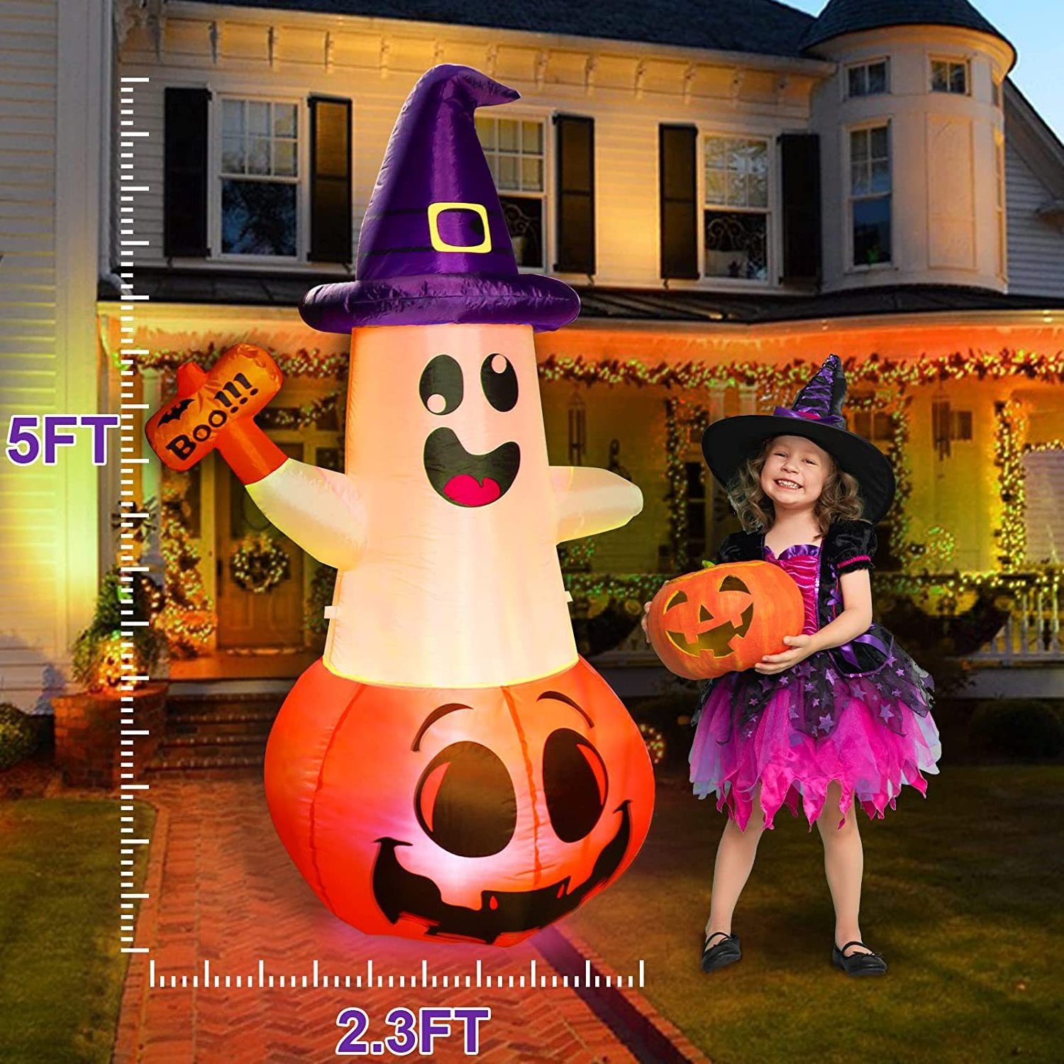 OurWarm LED Light Waterproof 5FT Pumpkin Ghost Halloween party supplies Yard Outdoor Inflatables Decoration