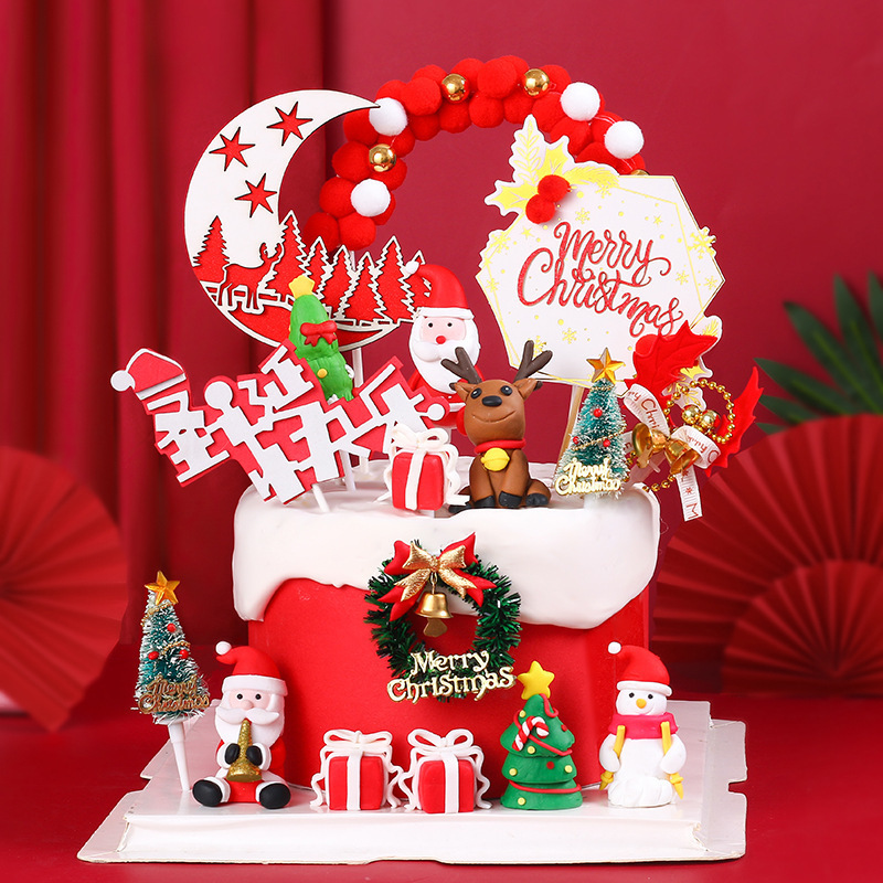 Christmas cake decorations forest Moon Santa Claus cake plug-in Christmas Snowman Christmas dessert table cake topper