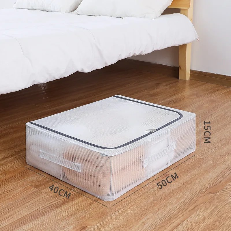 Bed Bottom Storage Box PVC Mesh Quilt Clothes Storage Box Transparent Dustproof Bag Folding Steel Frame Blanket Closet Organizer