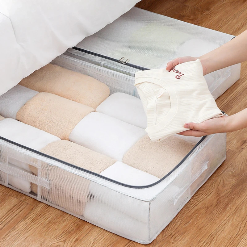 Bed Bottom Storage Box PVC Mesh Quilt Clothes Storage Box Transparent Dustproof Bag Folding Steel Frame Blanket Closet Organizer