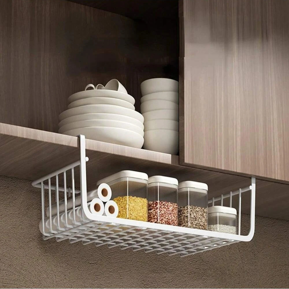 Kitchen Hanging Net Basket Hanging Spice Jar Storage Rack Drawer Under Cabinet Organizer Table Kitchen Shelf Cabinets Desks