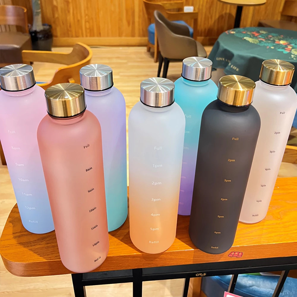 Matte Water Drinking Bottle Plastic Water Cup with Lid Frosted Drinking Bottle for Girls with Time Marker Tea Drinkware Kitchen