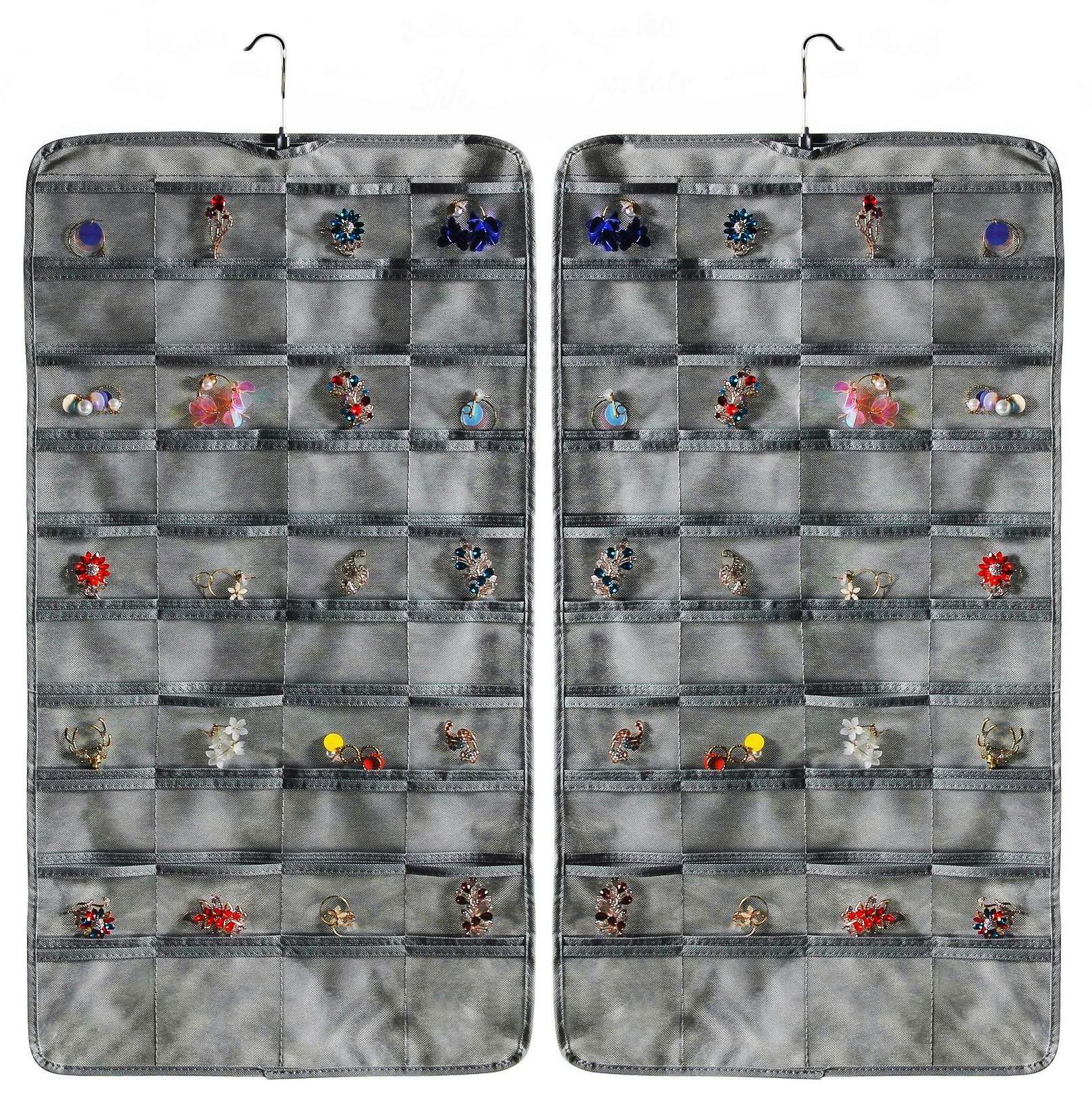 Hanging Jewelry Organizer Dual-Sided Pockets Magic Tape Jewelry Hanger for Holding Earrings Necklaces Rings Closet Wall Door