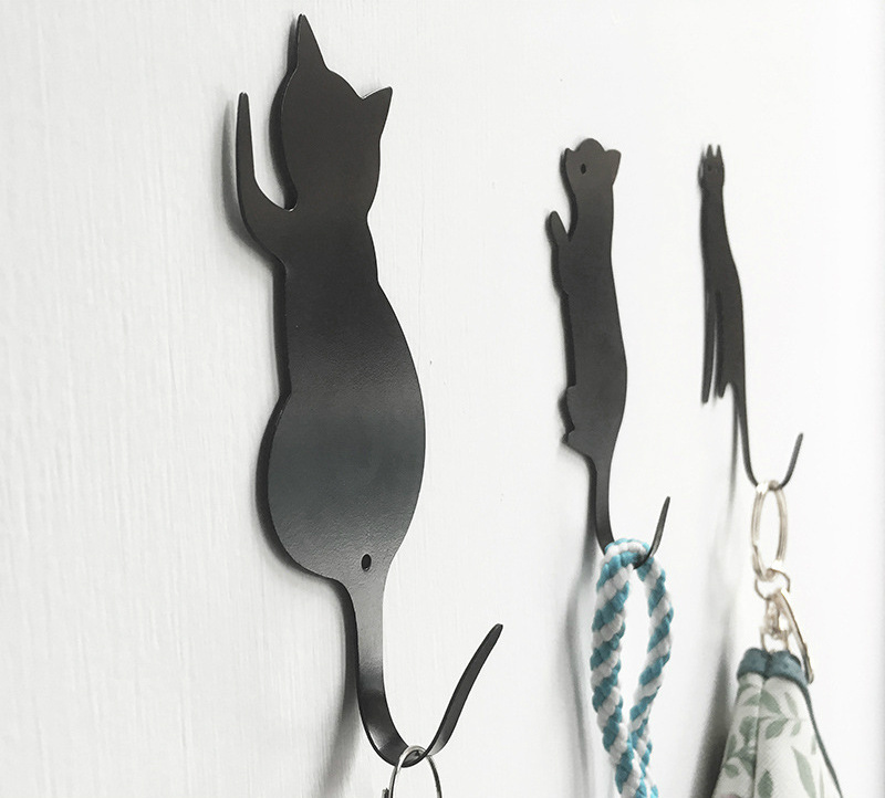 Charmcci 800225 Black Cat Metal Iron Hook Seamless Wall Door Mount Decorative with Key Holder and Coat Hooks for Kids Room