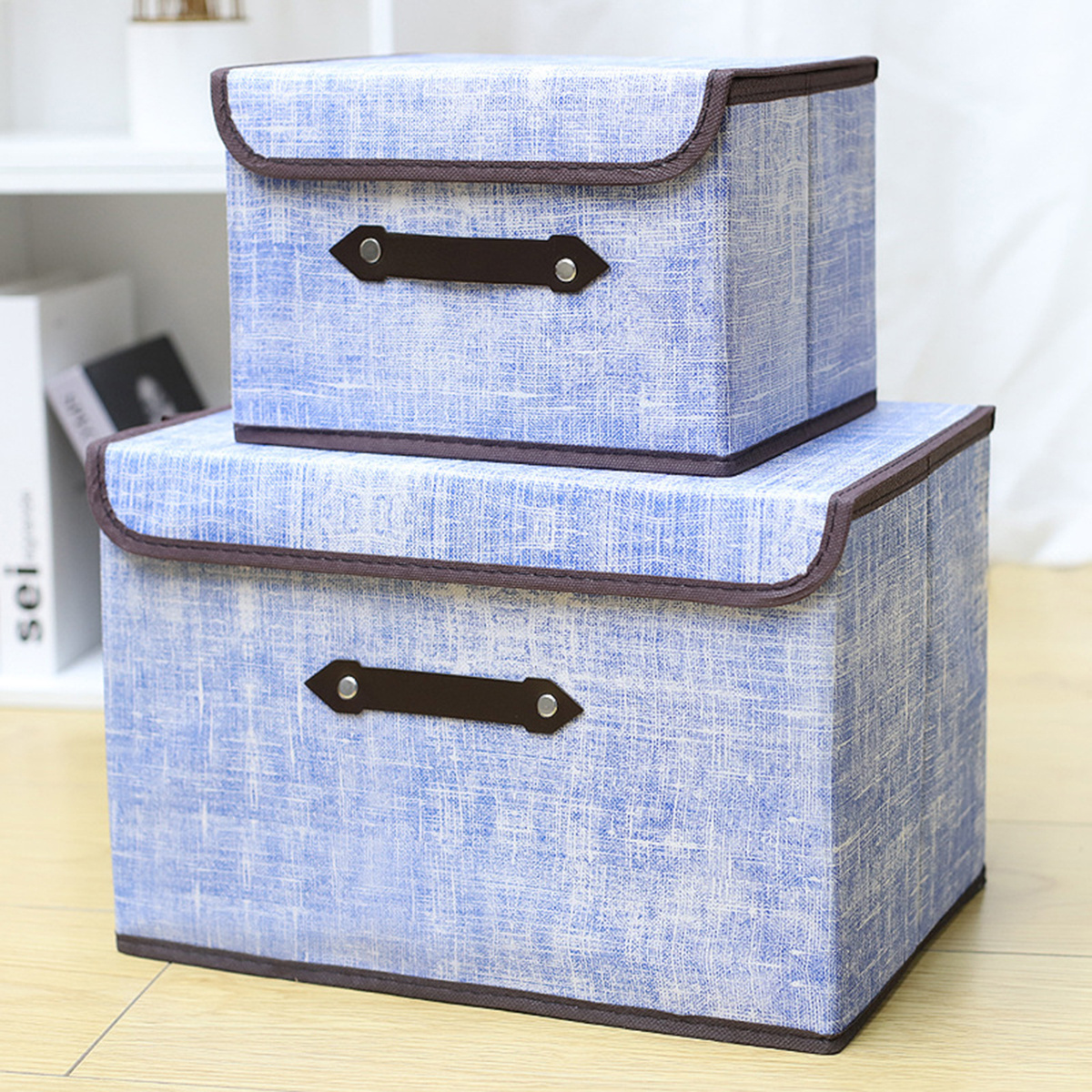 4008147 PU Leather Handles PP Plastic Board Foldable Storage Boxes Cubes Baskets Closet Organizer Container with lids