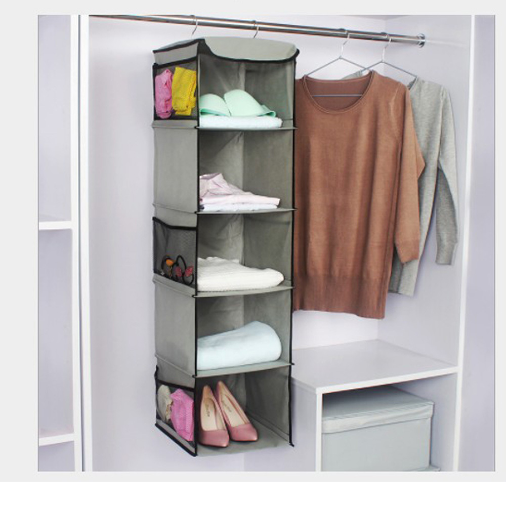 400710 5 Shelves Hanging Closet Organizer  Hanging Closet Shelves Storage Organizer non-woven fabric with Side Pockets