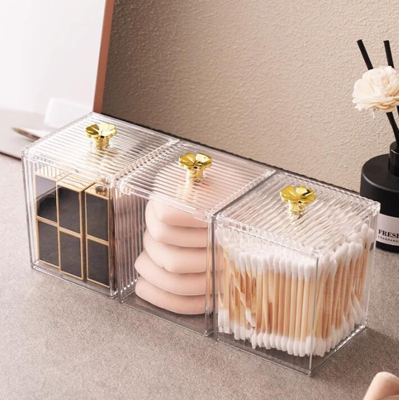 4008121 Plastic Cotton Swab/Ball/Pad Qtip Holder, Apothecary Jar Set with Lid, Clear Bathroom Canister Set for Makeup Organizer